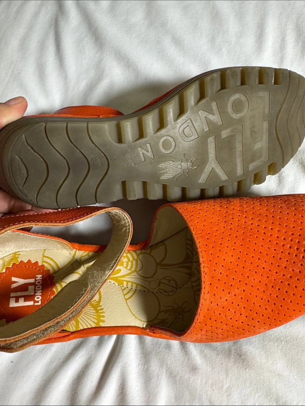 Fly London Leather Bright Orange Peep-Toe Wedge Sandals Snap-on Closure Sz 41